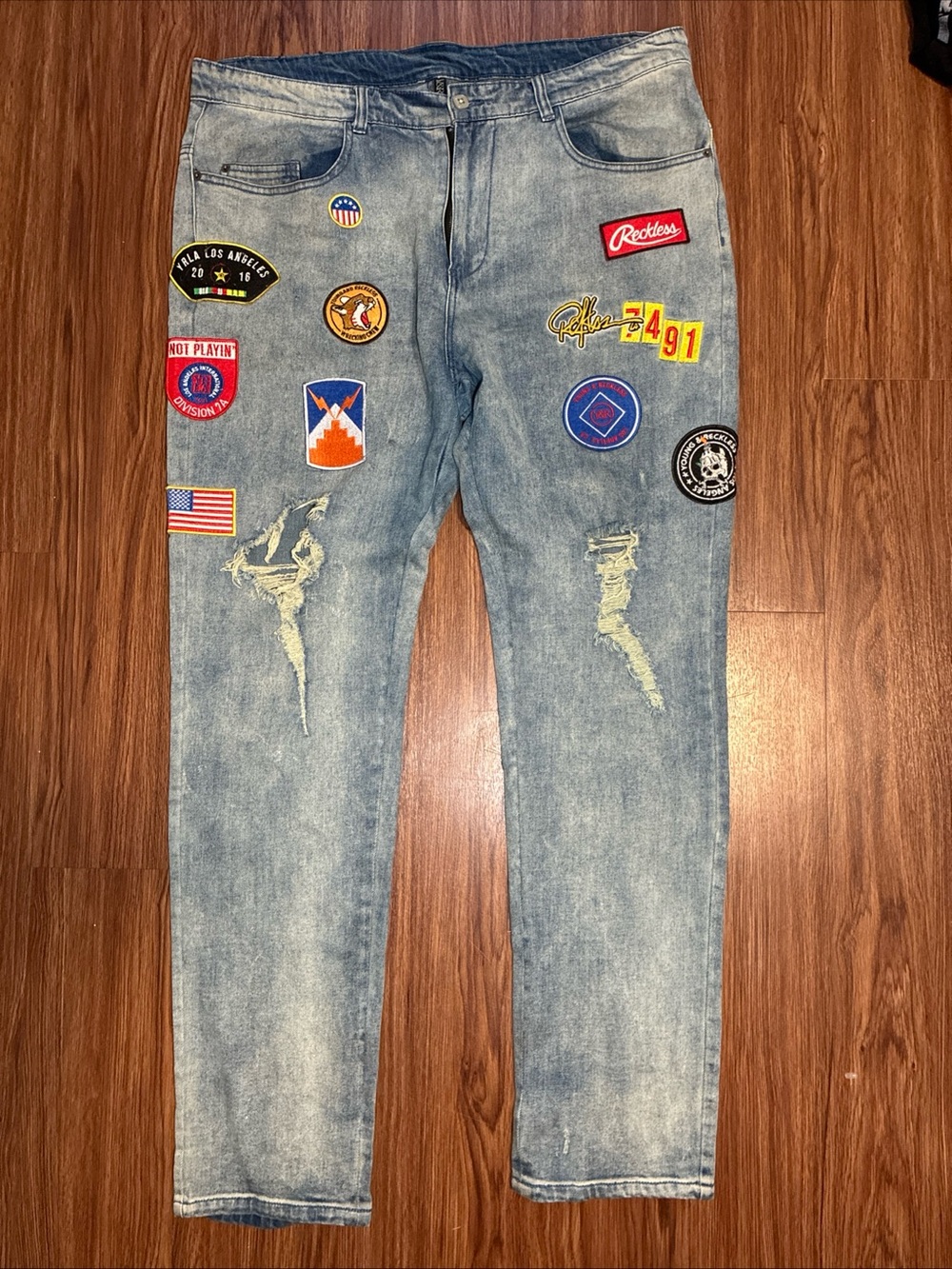 Reckless Light Blue Patchwork Slim Straight Men’s Jeans